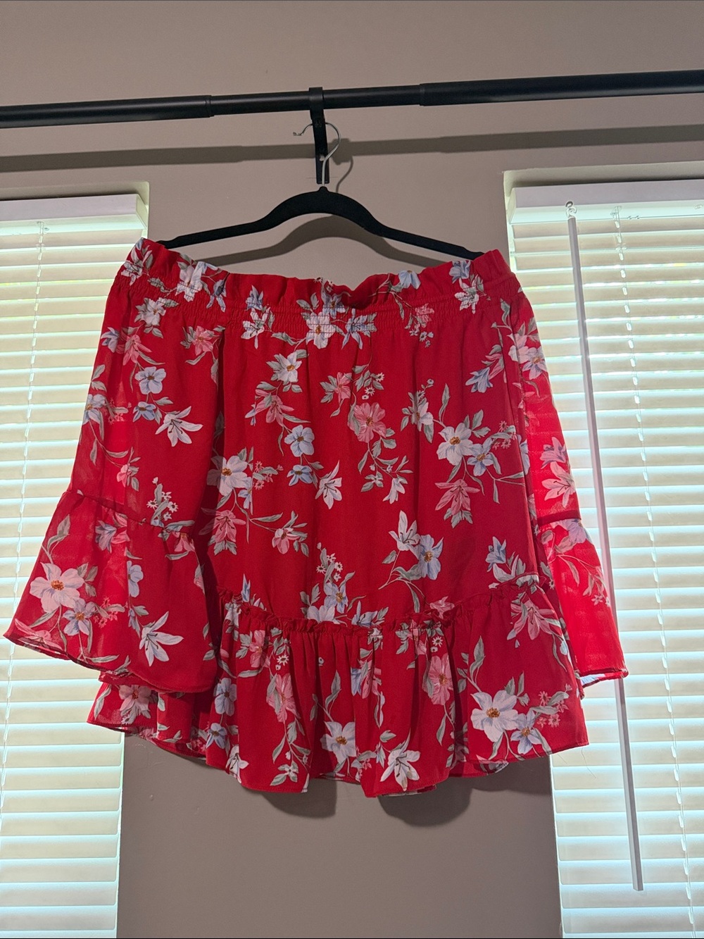 Divided Red Floral Off-Shoulder Long Sleeve Top